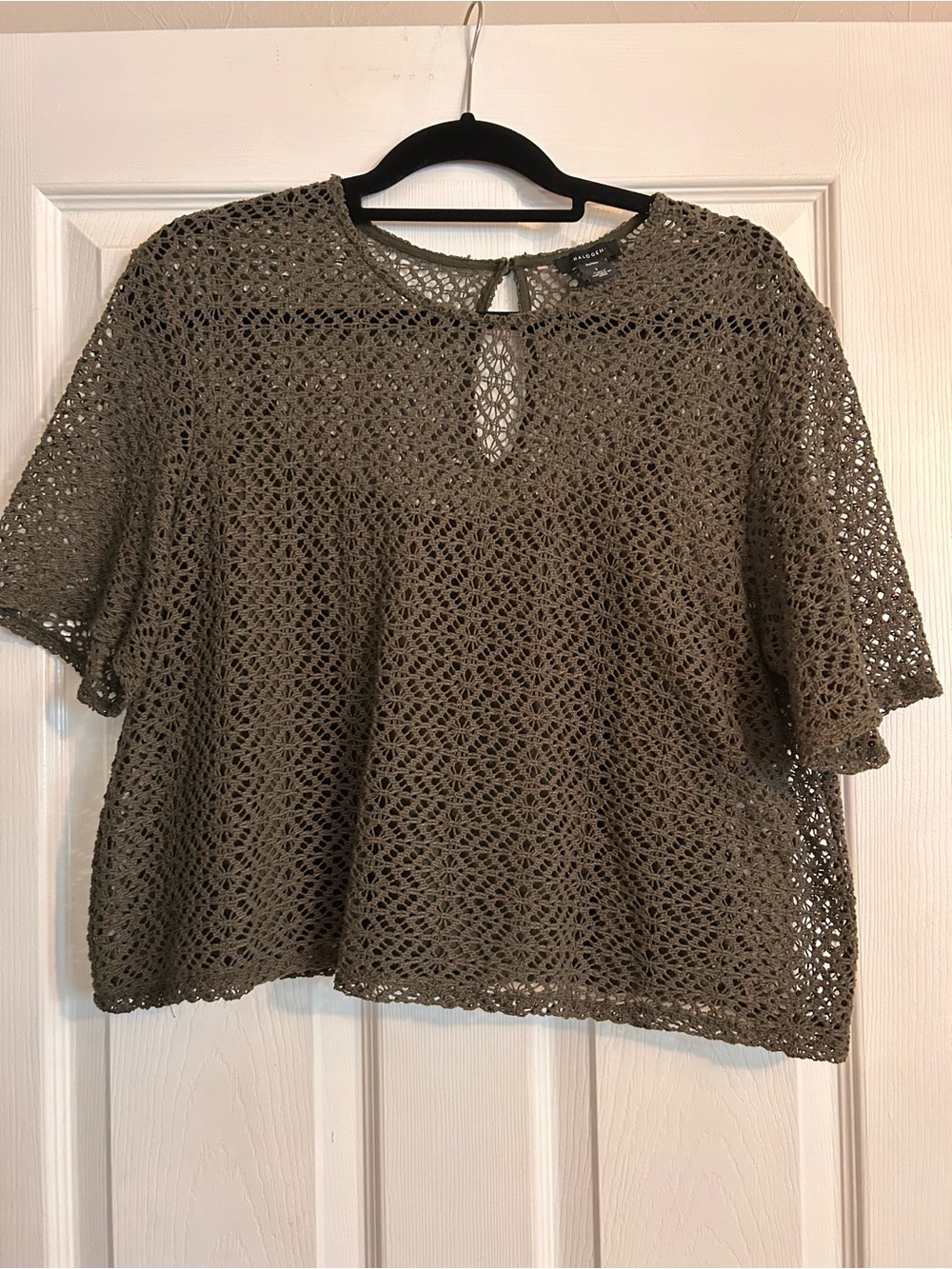 Halogen Olive Crochet Boxy Short-Sleeve Top